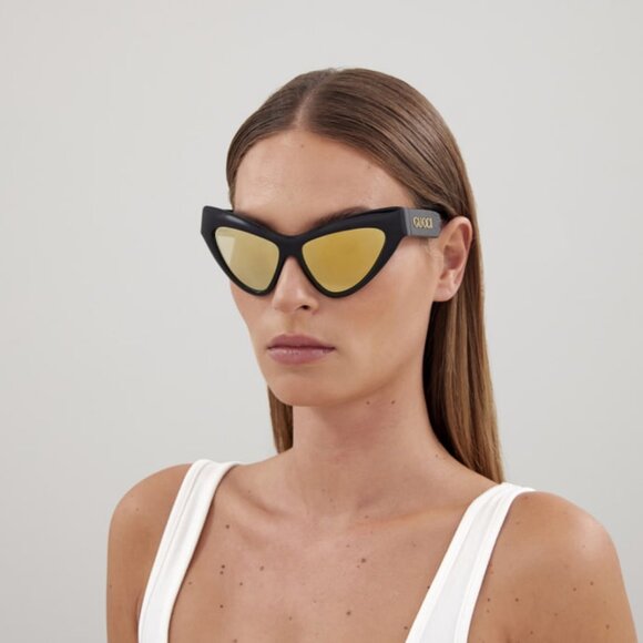 NEW GG1294S 002 GUCCI SUNGLASSES SHINY BLACK GOLD CAT EYE WOMEN EYEWEAR GUCCI - Picture 2 of 13